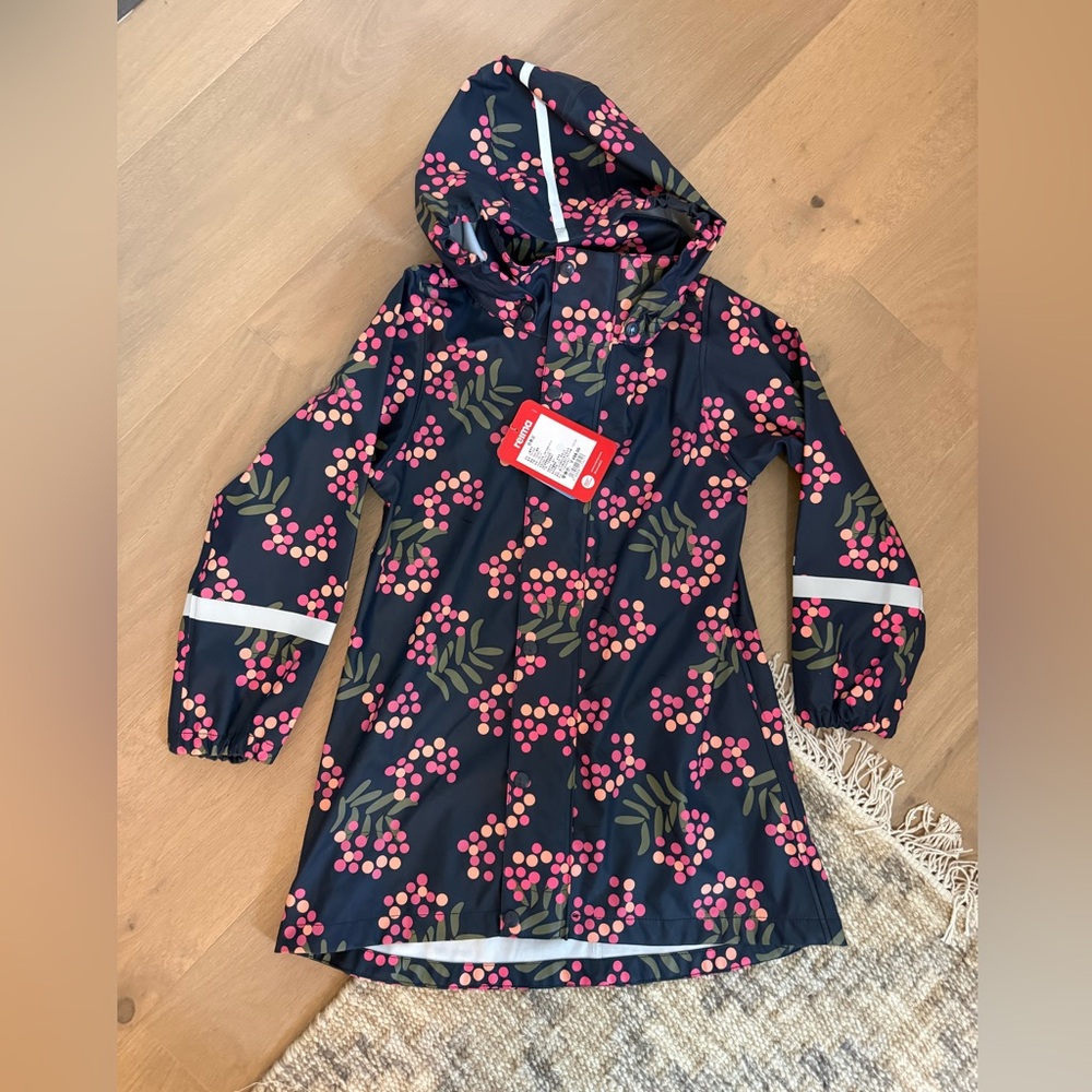 Reima Floral Kids Raincoat Pink Navy Peach Waterproof-Size 7 NWT